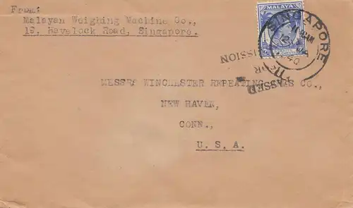 Singapore 1940: leter to New Haven/Conn. USA; Passed for Transmission
