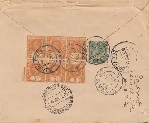 Singapore 1926: Registered letter to Kottaiyur, Ramnad Distr. via Negapatam
