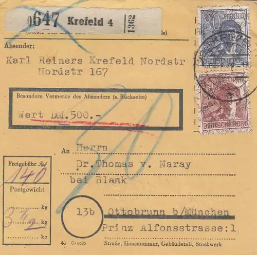 BiZone Paketkarte: Krefeld nach Ottobrunn, Wert 500 DM, Nachgebühr