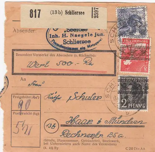 Carte de paquet BiZone 1948: Schliersee par cheveux, carte 500 RM