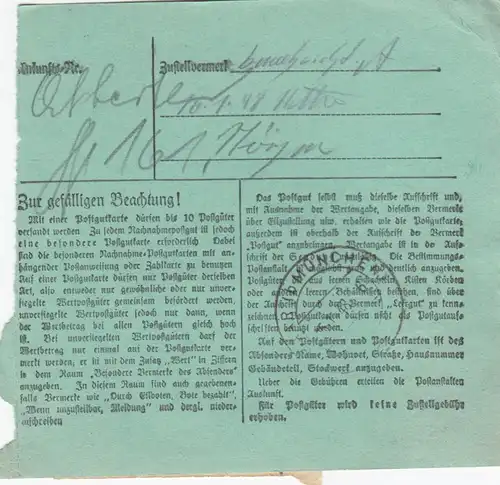 Carte de paquet 1948: Bernried vers Haar b. Munich, formulaire spécial