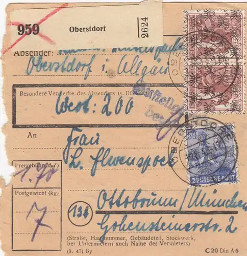 Carte de paquet BiZone 1948: Oberstdorf vers Ottobrunn, carte de valeur