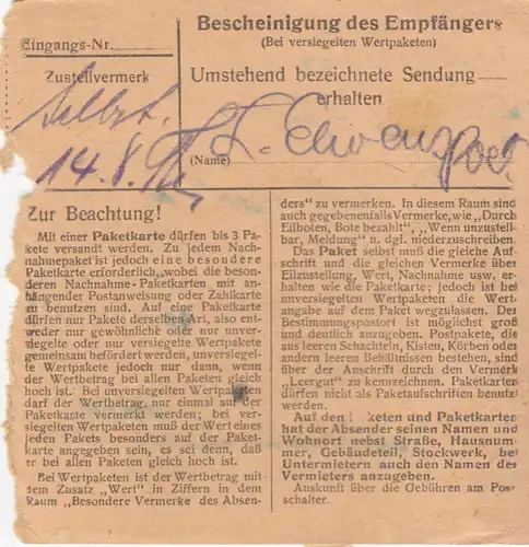 BiZone Paketkarte 1948: Oberstdorf nach Ottobrunn, Wertkarte