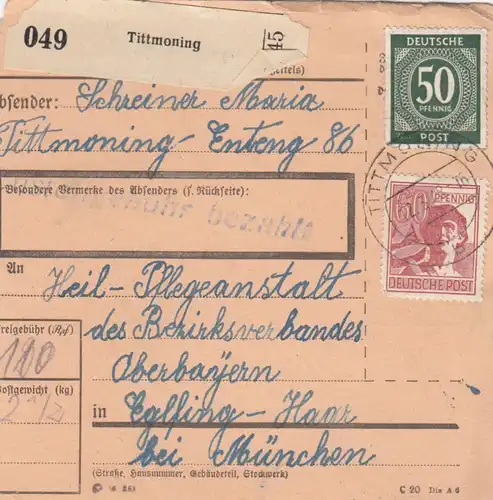 Paketkarte 1948: Tittmoning nach Eglfing, Heilanstalt