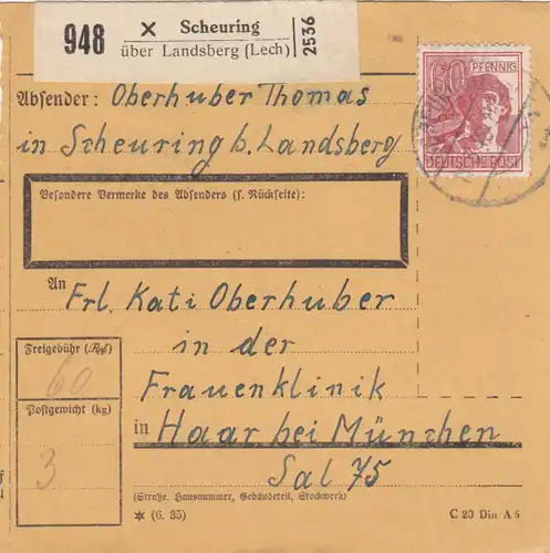 Paketkarte 1948: Scheuring über Landsberg nach Haar, Frauenklinik