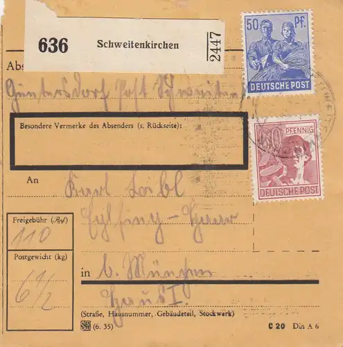 Paketkarte 1948: Schweitkirchen Günthersdorf nach München