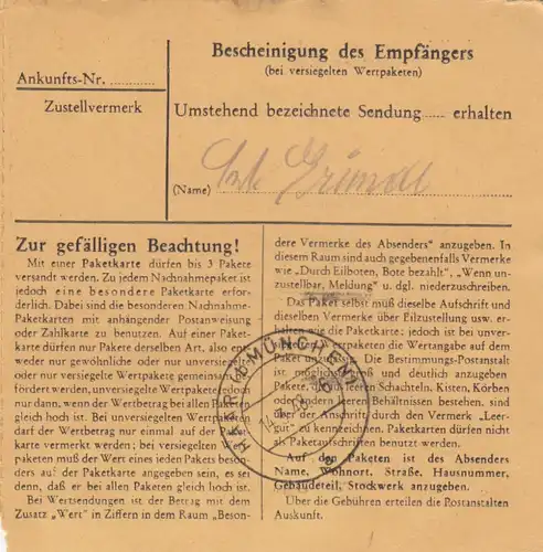 Paketkarte 1948: Schweitkirchen Günthersdorf nach München