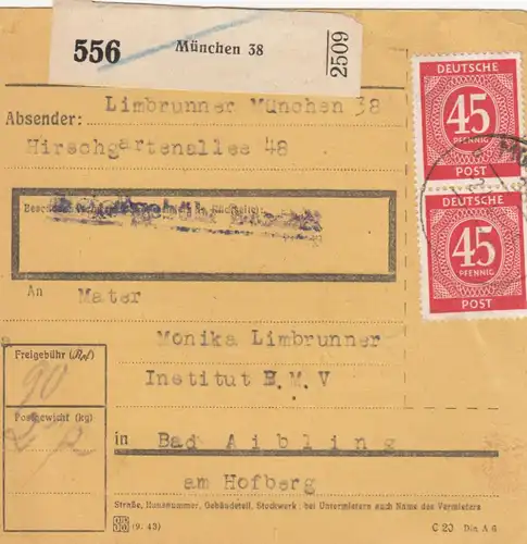Paketkarte 1947: München 38 nach Bad Aibling, Institut B.M.V.