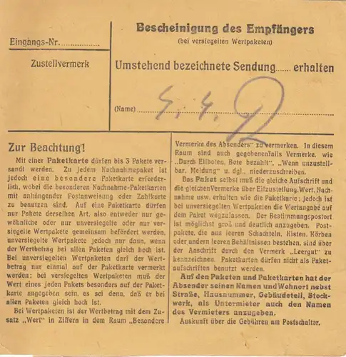 Paketkarte 1947: München 38 nach Bad Aibling, Institut B.M.V.