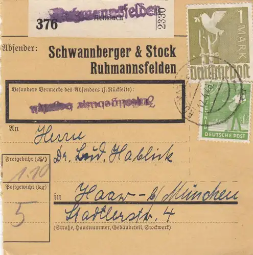 Paketkarte 1948: Ruhmannsfelden Achslach nach Haar, Selbstbucher