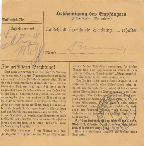 Paketkarte 1948: Ruhmannsfelden Achslach nach Haar, Selbstbucher