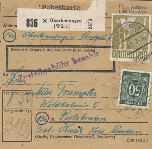 Paketkarte 1948: Oberlenningen nach Putzbrunn