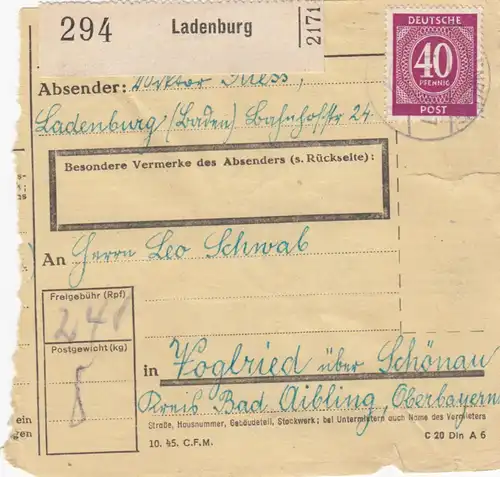 Carte de paquet 1947: Ladenburg vers Voglried via Schönau