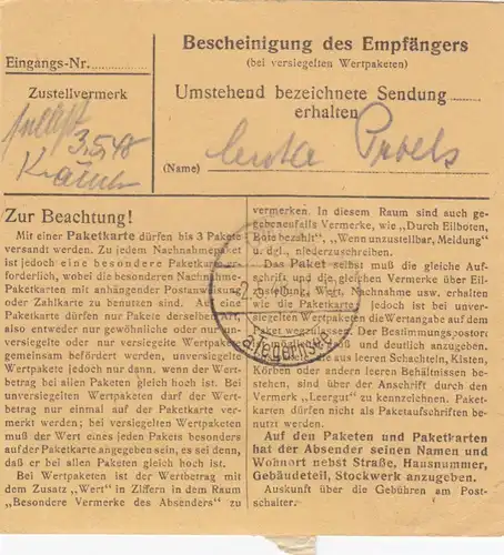 Paketkarte 1948: Landshut nach Dürnbach, Post Gmund Tegernsee