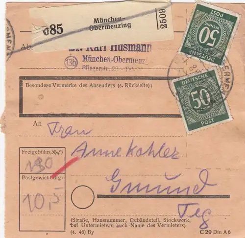 Paketkarte 1947: München-Obermenzing nach Gmund
