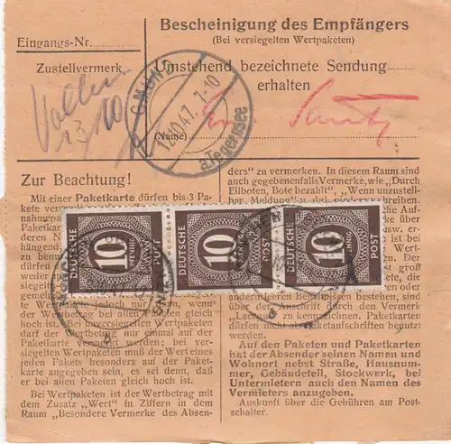 Carte de paquet 1947: Munich-Obermenzing d'après Gmund