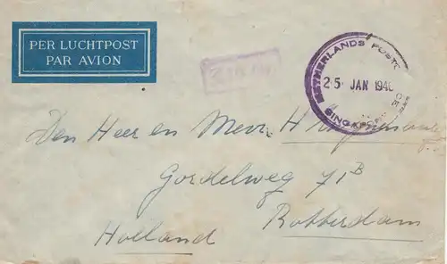Singapore: 1940: Nederlands post office - 10 Gr. air mail to Rotterdam/NL