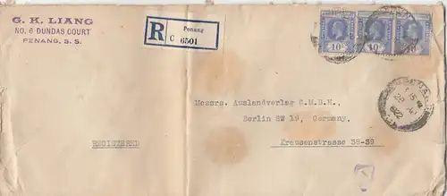 Malaisie: 1922: Registered Penang to Berlin