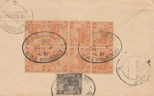 Malaysia: 1930: Registered Seremban to Kothamangalam/India
