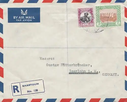 Sudan 1952: air mail registered No. 138 Khartoum 2 to Iserlohn