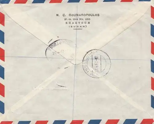 Soudan 1952: air mail registered No. 138 Khartoum 2 to Iserlohn