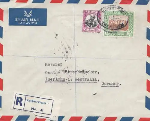 Sudan 1952: air mail registered No. 041 Khartoum 2 to Iserlohn