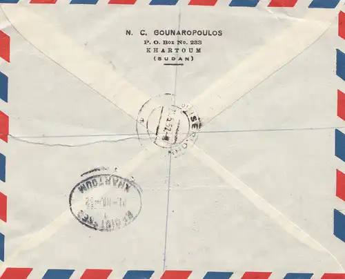 Soudan 1952: air mail registered No. 041 Khartoum 2 to Iserlohn