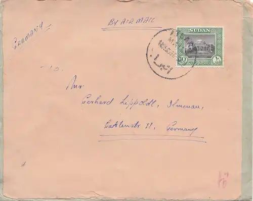Sudan 1956: air mail Atbara to Ilmenau, Beschädigt eingegangen Berlin NW I