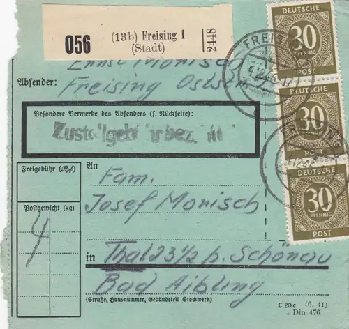 Carte de paquet 1946: Freising 1 vers Thal, formulaire spécial