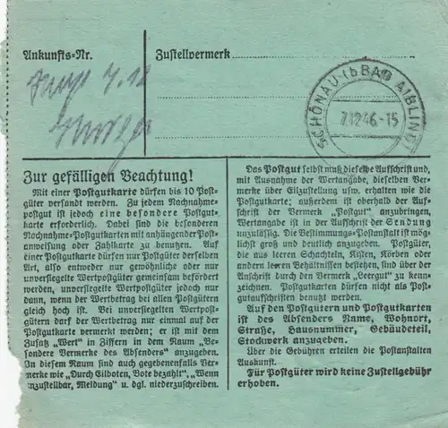 Paketkarte 1946: Freising 1 nach Thal, besonderes Formular