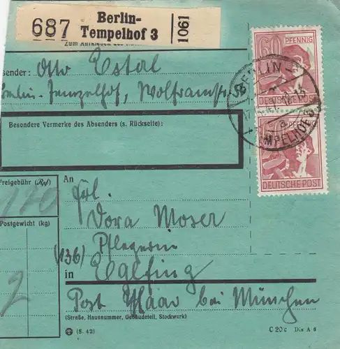 Carte de paquet 1947: Berlin-Tempelhof après Eglfing, formulaire spécial
