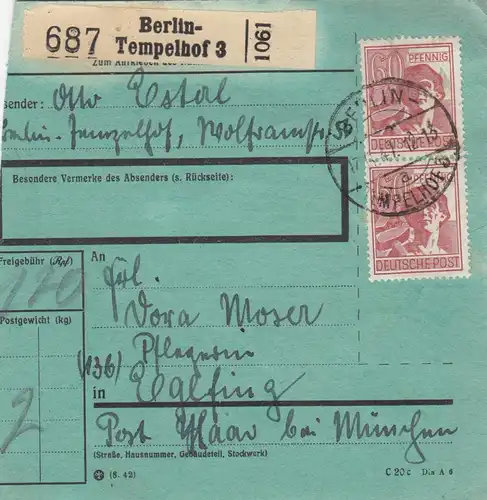 Paketkarte 1947: Berlin-Tempelhof nach Eglfing, besonderes Formular