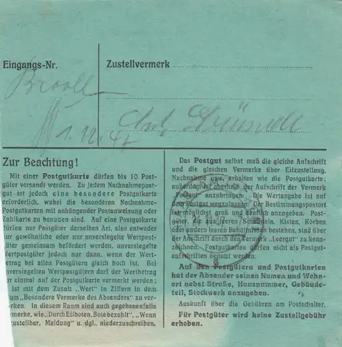 Paketkarte 1947: Berlin-Tempelhof nach Eglfing, besonderes Formular