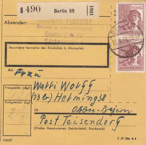 Paketkarte 1948: Berlin, Friseur, nach Teisendorf