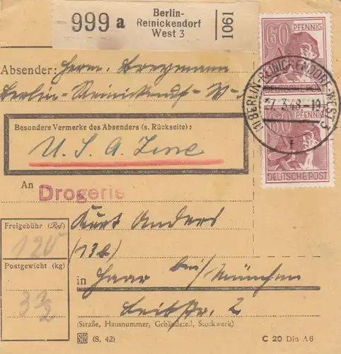 Paketkarte 1948: Berlin-Reinickendorf nach Haar, Drogerie