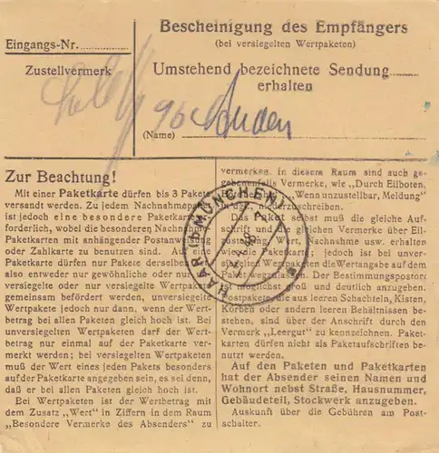 Carte de paquet 1948: Berlin-Reinickendorf après Haar, Droguerie