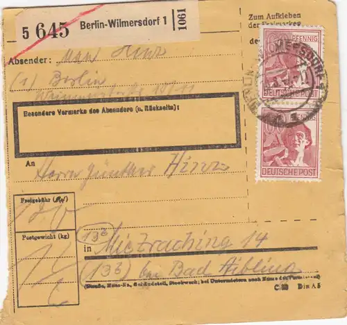 Paketkarte 1947: Berlin-Wilmersdorf nach Mietraching Bad Aibling