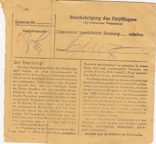 Carte de paquet 1947: Berlin-Wilmersdorf vers Lietraching Bad Aibling