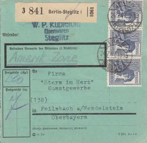 Paketkarte 1947: Berlin-Steglitz nach Feilnbach, besonderes Formular