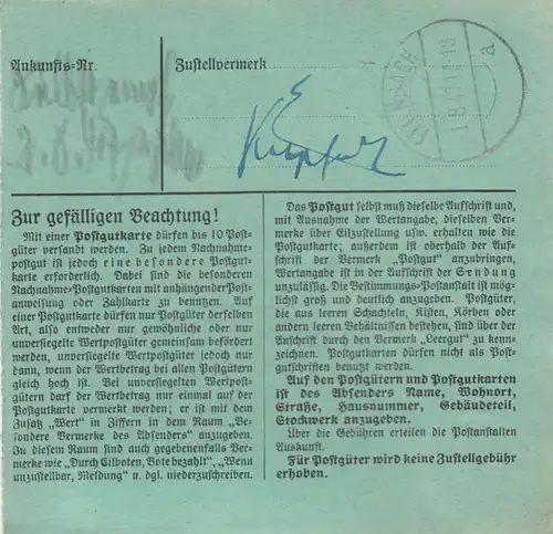 Paketkarte 1947: Berlin-Steglitz nach Feilnbach, besonderes Formular