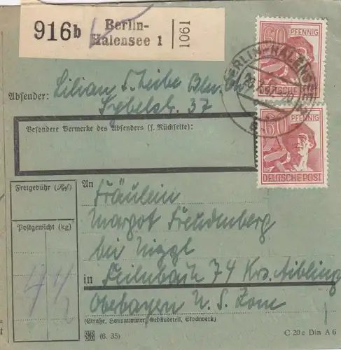 Carte de paquet 1947: Berlin-Halensee vers Feilnbach, formulaire spécial