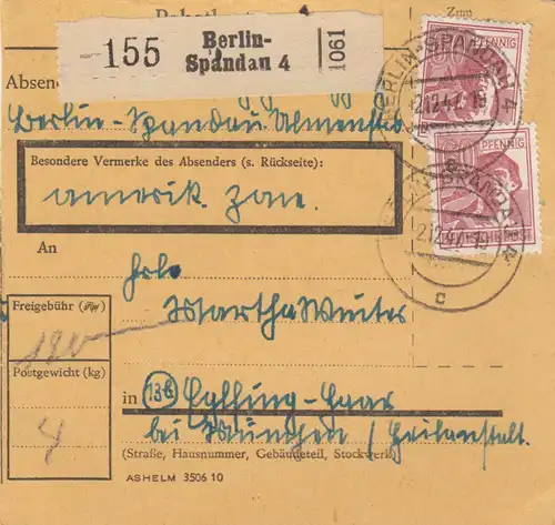 Paketkarte 1947: Berlin-Spandau nach Eglfing-Haar