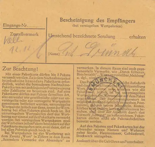 Paketkarte 1947: Berlin-Spandau nach Eglfing-Haar