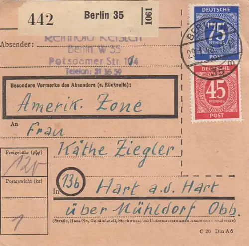 Carte paquet 1948: Berlin W 35 vers Hart a.d. HART