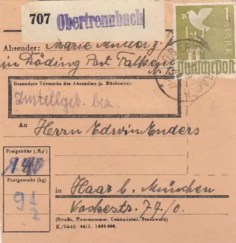Paketkarte 1948: Döding Obertrenndorf nach Haar
