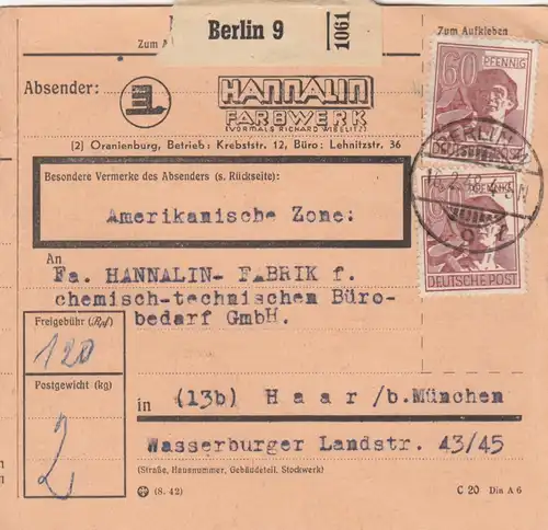 Carte de paquet 1948: Berlin, Couleurs, par Haar