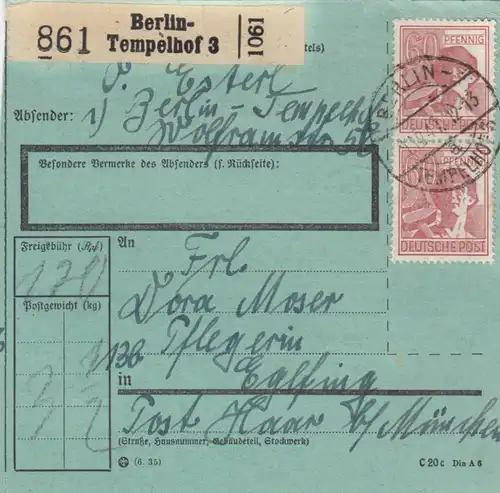 Carte de paquet 1947: Berlin-Tempelhof selon Haar, soin de la santé, bes. Formulaire