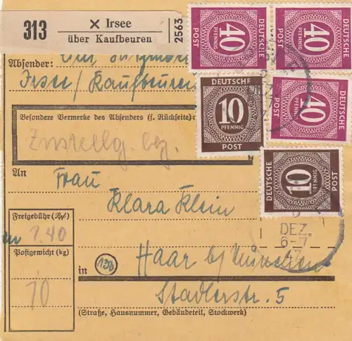 Paketkarte 1947: Irsee Kaufbeuren nach Haar