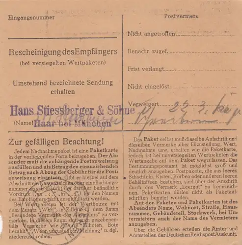 Paketkarte 1949: Holzkirchen nach Haar, Stiessberger u. Söhne, Nachnahme