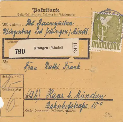 Paketkarte 1947: Klingenburg Jettingen nach Haar